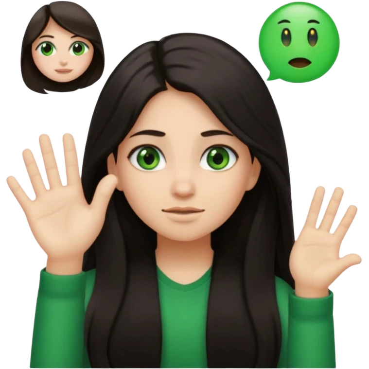Animated girl dark long hair green eyes emoji with duh facial expression ,one hand on top of her head emoji