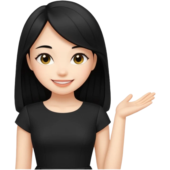Juni – Cewe ramah  Kulit putih bersih, rambut hitam panjang sleek lurus. Pakai peplum item .  tatapan percaya diri senyum. setengah badan emoji