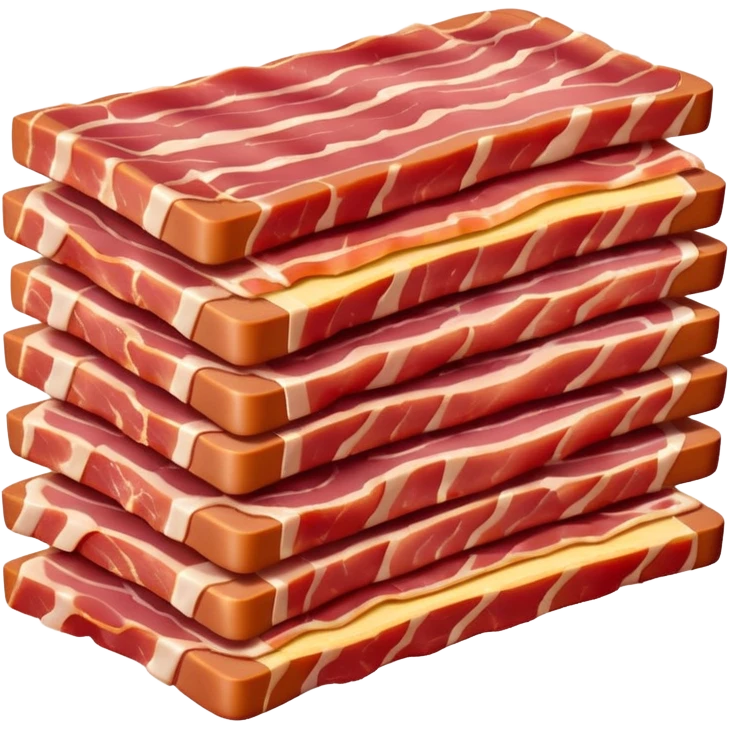 small pile of thick, short rectangular strips of raw bacon lardons, alternating layers of pinkish-red meat and creamy white fat, clean cut, slightly irregular edges, fresh, moist, uncooked, soft lighting, subtle shadows, transparent background, emoji scale emoji