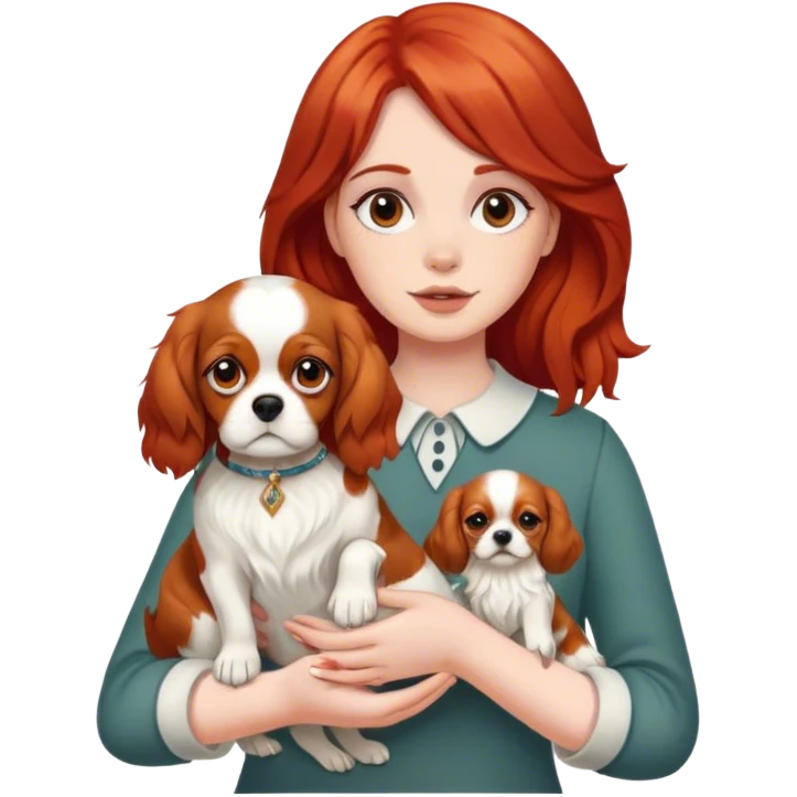 red-hair girl with a King Charles Spaniel on her hands emoji