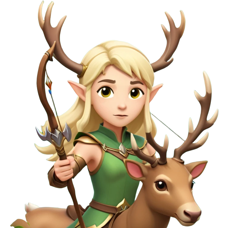 clash-of-clans-aesthetic-blond-elf-archer-portrait-emoji, rendered in a flat, vector-style with minimal shading and bold, simplified shapes, head tilted slightly forward with a determined, focused expression, riding a majestic stag whose luminous antlers glow with mystical energy, set against an ancient, enchanted forest backdrop. emoji