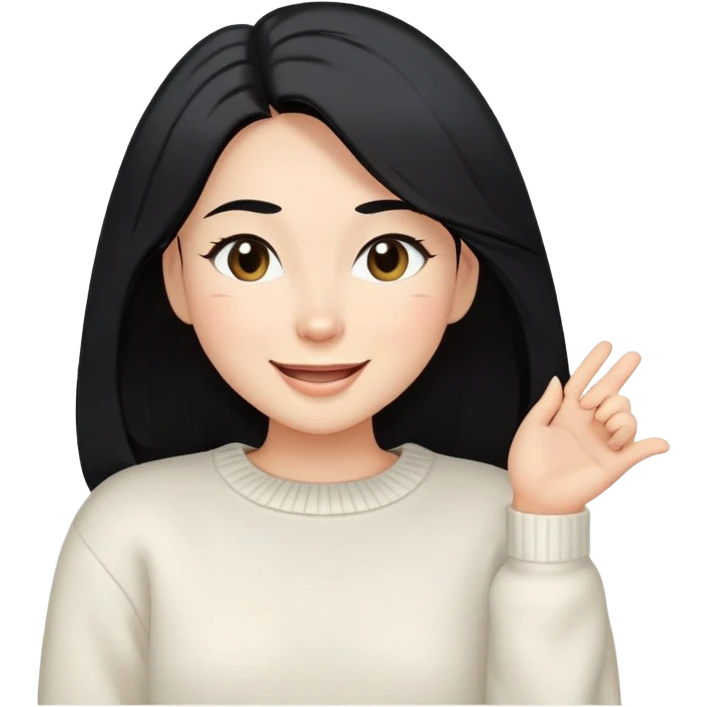 A woman with longer black hair, light to medium skin tone, full cheeks, and almond-shaped eyes, wearing a simple white sweater, joyful and radiant expression, cheerful, winking. emoji