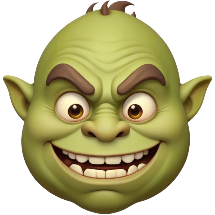 Cinematic Comical Ogre Portrait Emoji, with a strikingly exaggerated, bulky figure in vivid earthy greens and browns, head tilted in a dramatically surprised expression with wide, comically bulging eyes and a goofy, oversized grin, simplified yet hilariously exaggerated, highly detailed with a soft, cartoonish glowing outline capturing the playful absurdity of a meme-worthy ogre! emoji