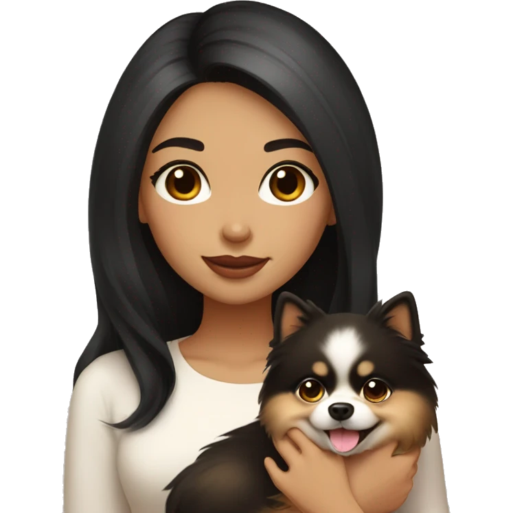 A girl with long black hair, light brown eyes, big lips, she has fair skin, holds a light pomeranian in her hands emoji