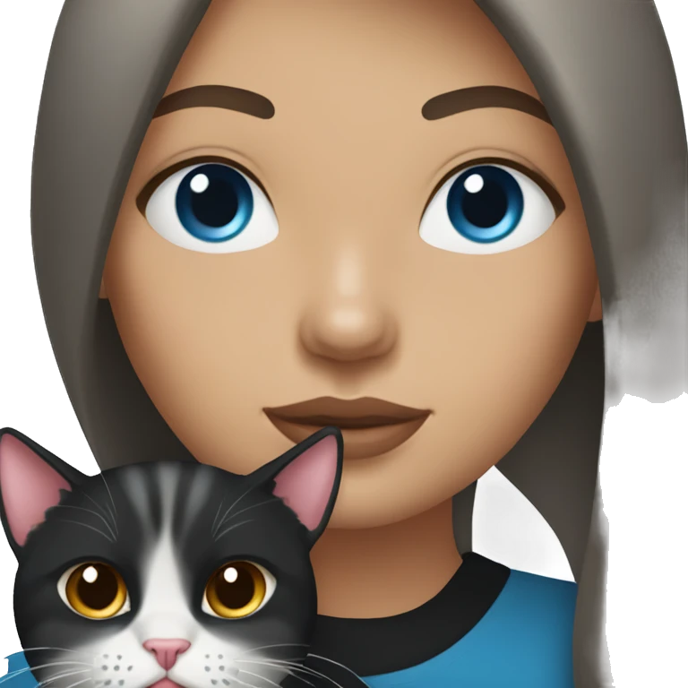 Woman with dark long hair, pink lips and blue eyes holding a tabby cat  emoji