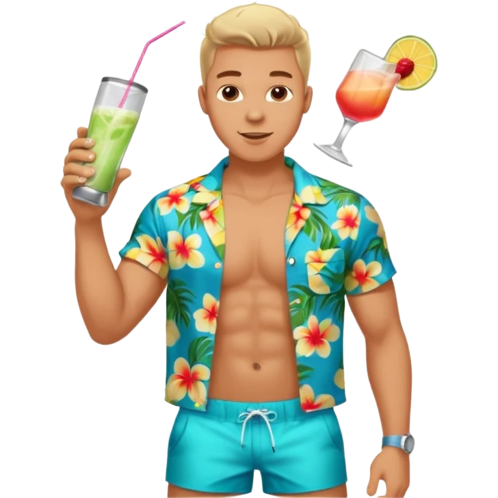 human male Unbuttoned Hawaiian shirt, swim trunks, shaking a cocktail shaker (sparks flying) emoji