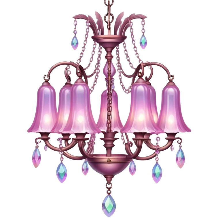 PInk iridescent Bell with chained hanging crystals with feathers CHANDELIER emoji