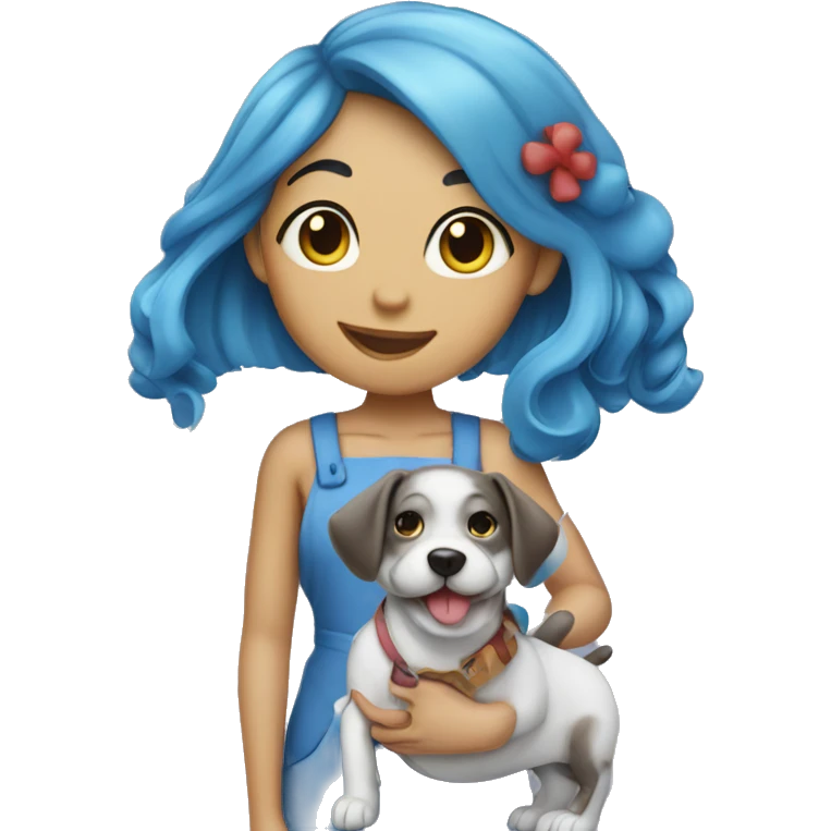 blue haired girl with a coocker dog emoji