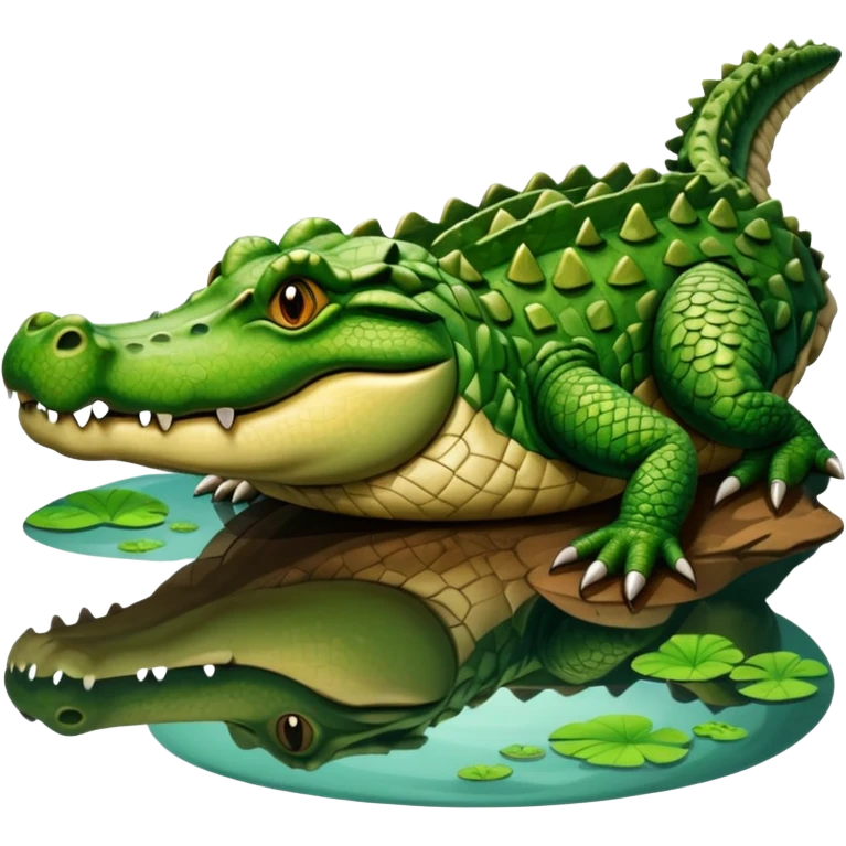 A large crocodile resting on a riverbank, part of its body in water, realistic scales and reflections, natural sunlight. emoji