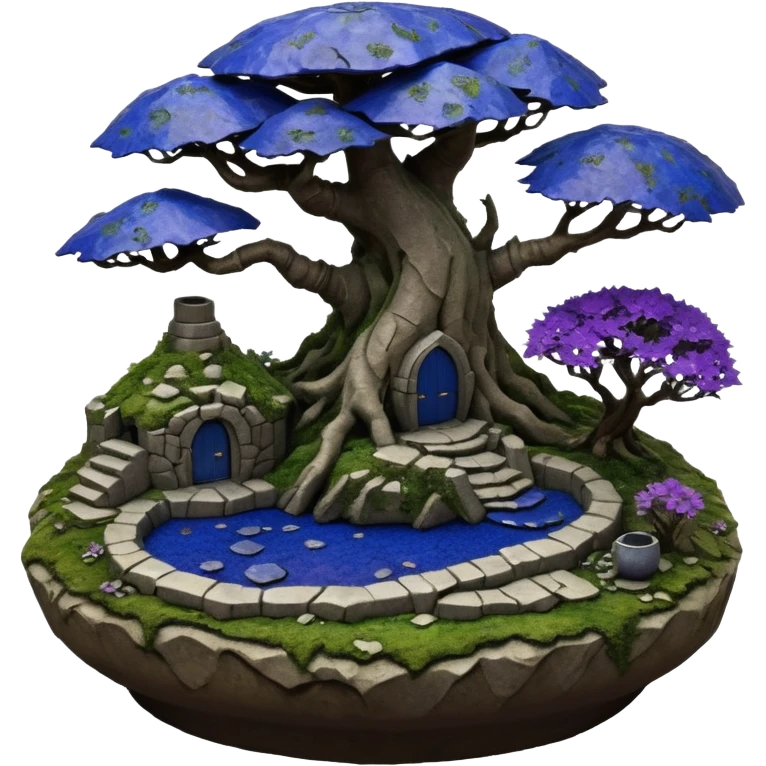  Ancient saucer-castle jungle winding trail mountainside getaway haunted nighttime hobbit landscape antique mudman very old broken cracked intricately detailed Stone Age lapis-crusted irregular dodecagon-shaped shallow dark moss rough bark violet flowered maple bonsai Saikei coffee table-sized pot  emoji