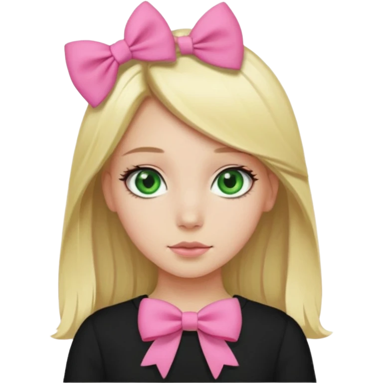 blonde girl middle part, pink bow in hair, plain black top, green eyes. emoji