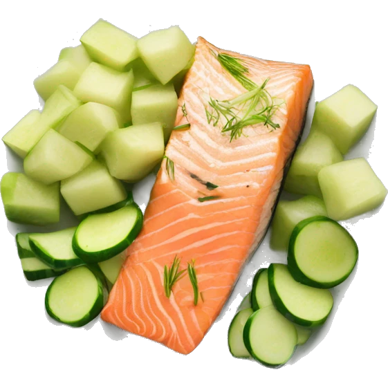 Salmon  chunks with leek and zucchini on a plate  emoji