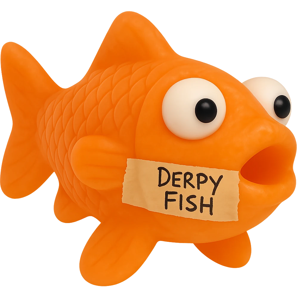 Replace the tag on the side of the fish with a piece of masking tape stuck across the whole side. The tape should have 'Derpy Fish' written in sloppy sharpie handwriting. Keep the fish exactly the same: bright orange, somewhat transparent, retro 90's toy look, derpy eyes, soft plastic, soft reflections, soft and squishy texture, some cloudiness, not shiny, highly detailed, appealing, and no background. The style is a bright orange, somewhat transparent, retro 90's toy look fish with derpy eyes and soft plastic texture, soft reflections, and some cloudiness, not shiny. emoji