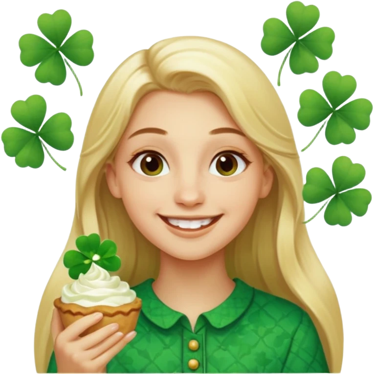 금발 긴머리, 연한갈색 눈썹, 네잎클로버 좋아하고, 디저트 좋아하고 emoji
