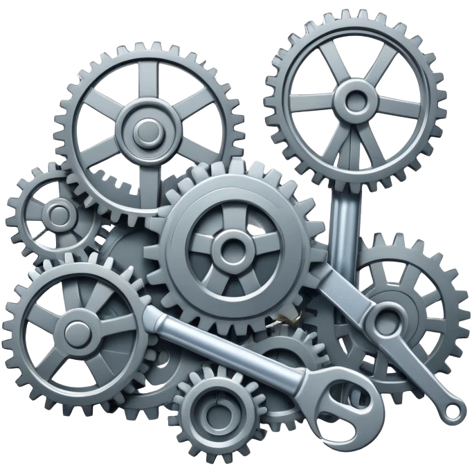 An icon featuring gears, a wrench, and mechanical blueprints, symbolizing mechanical engineering. The design includes pistons, turbines, and technical drawings, representing the design, construction, and operation of machinery. Transparent background  emoji