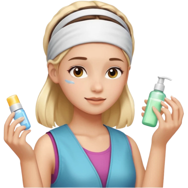 Clean girl aesthetic emoticons, apply skincare products, headband, glowing skin, vest, soft lighting
 emoji