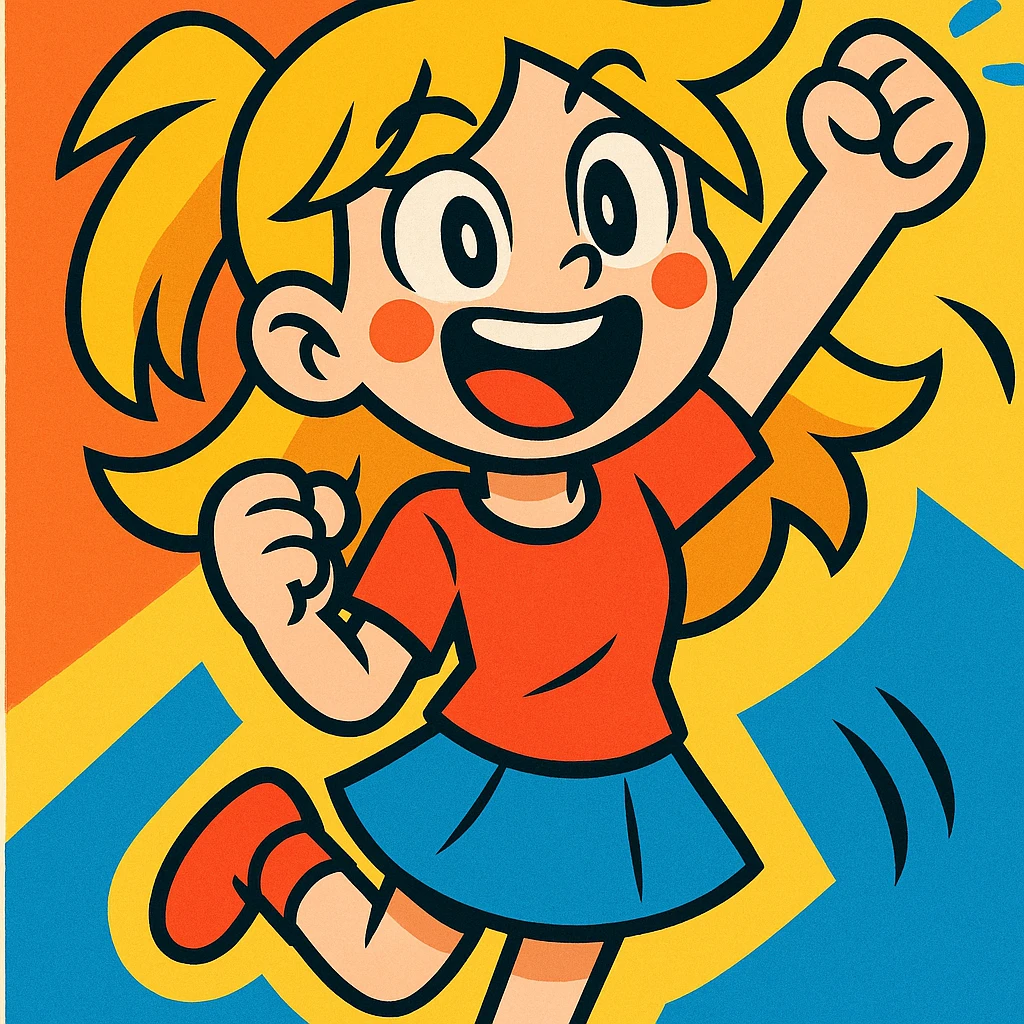 excited girl with blonde hair, pale skin, and silver eyes, vibrant energetic style emoji