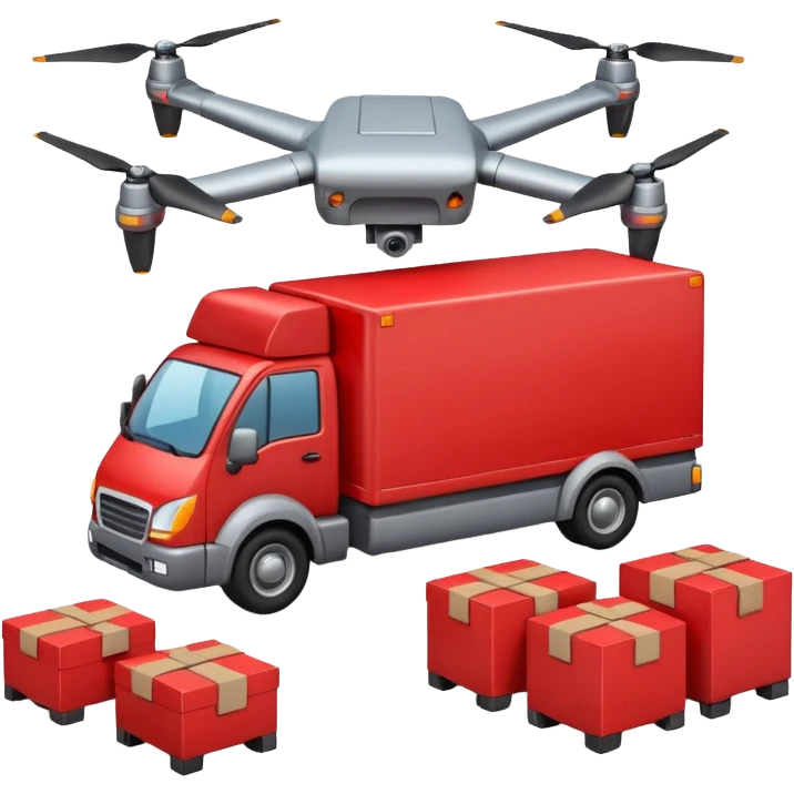 create a realistic emoji showing logistics in different ways. Maybe a car, a storage room, a place where everything is stored, drones and so on emoji