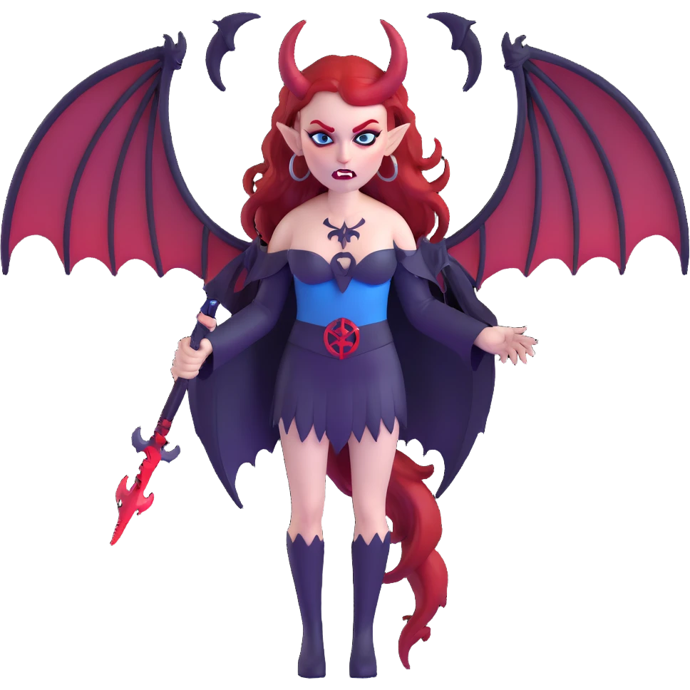 extremely diabolical demon girl with massive bat wings, blood red hair, sinister glowing blue eyes, dark hellish aura, sharp horns, fangs, pentagram emoji