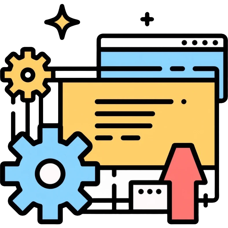 Software development icon with code brackets and gears emoji