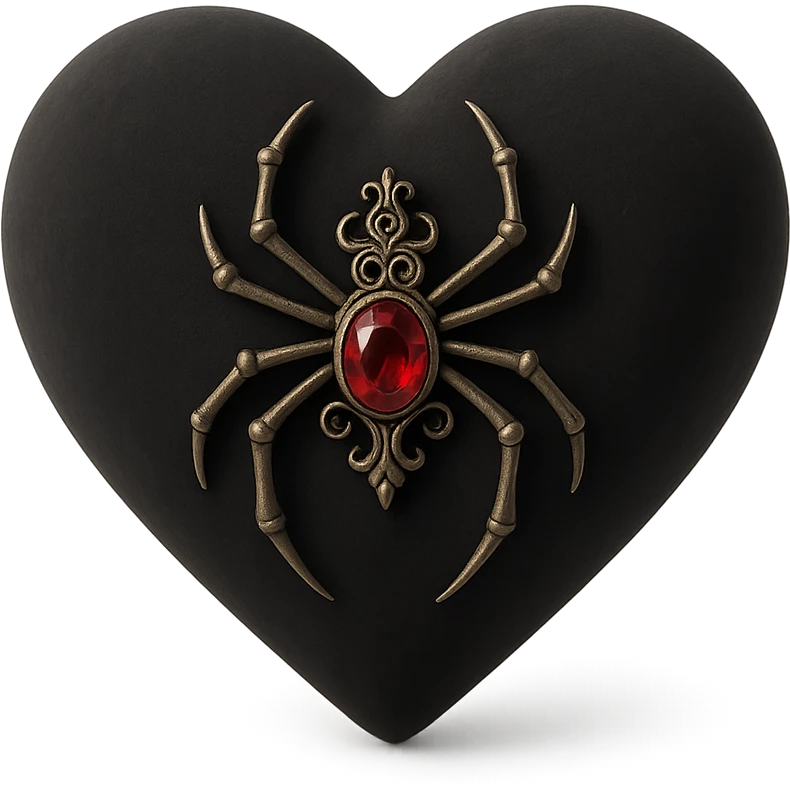 gothic heart in 3D black style, black velvet texture, silver spider brooch, deep red gemstone, ornate and dark emoji