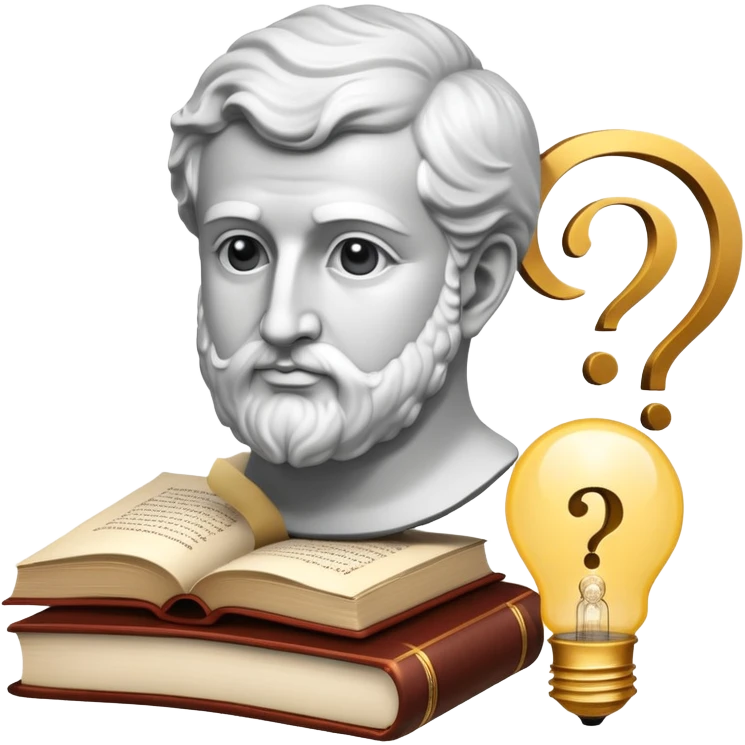 An icon featuring a classical bust, a book, and a question mark, symbolizing philosophy. The design includes a lightbulb, representing ideas, and a scroll with ancient text, evoking deep thought and intellectual inquiry. Transparent background highlights the search for knowledge and meaning. emoji