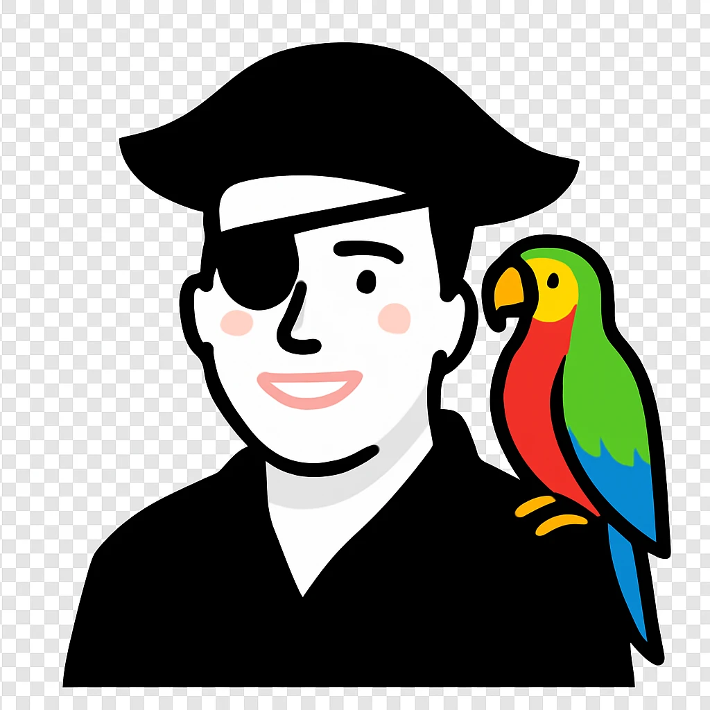 smiling pirate avatar with eye patch and colorful parrot emoji