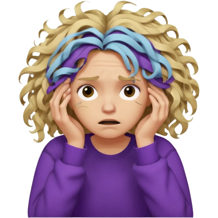Emoji-style illustration of a frustrated young woman, messy, tangled, curly tousled blonde hair, clearly unkempt and chaotic, wearing a purple sweater, holding her face in her hands, expressing annoyance and disappointment, cartoonish, expressive, simple lines, flat colors, clear silhouette,  emoji