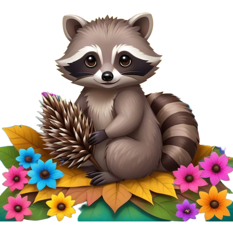 Collage of an exotic raccoon and a hedgehog, both with cute expressions, sitting together on a bed of colorful leaves and flowers. The raccoon is holding a shiny object, while the hedgehog curls up in a playful pose. Bright, nature-inspired background with vibrant colors. emoji