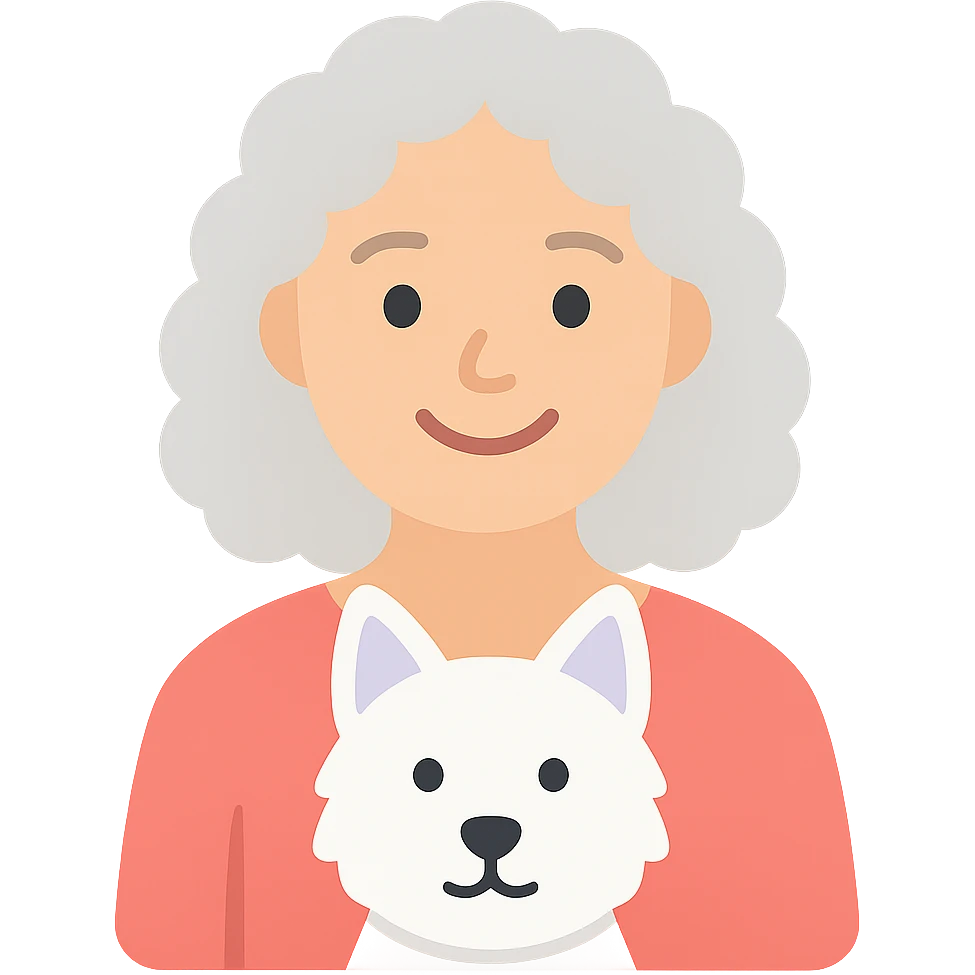 50-year-old pretty lady with silver curly hair, smiling, with a Westie dog, color icon emoji