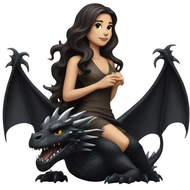 Beautiful white woman with long wavy dark brown hair riding on top of a black dragon emoji