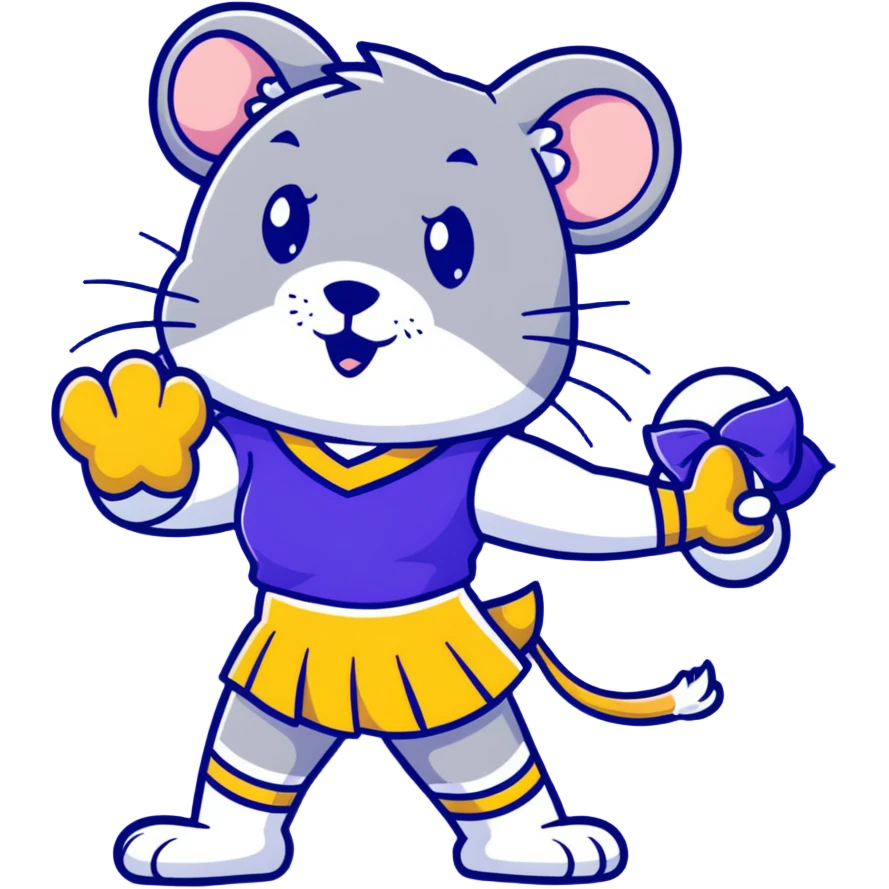 female rat cheerleader with blue bow, blue and gold uniform, Vikings team colors emoji