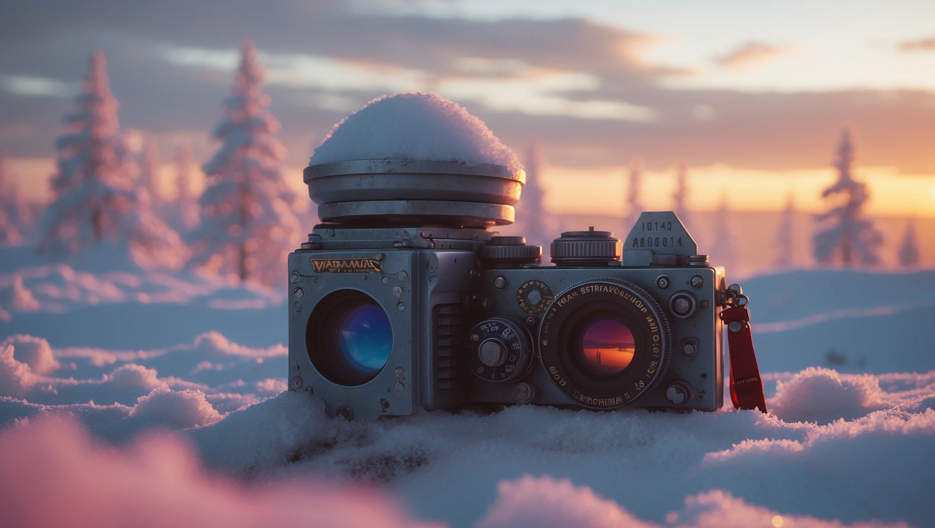 Cinematic, documentary photography, establishing shot, Warhammer 40.000 new title, in the style of snow scenes, ARRIFLEX 35 BL Camera, Canon K35 Prime Lenses, ethereal landscape, 70mm, dedication, Sunset, warm and vibrant colors, dedication emoji