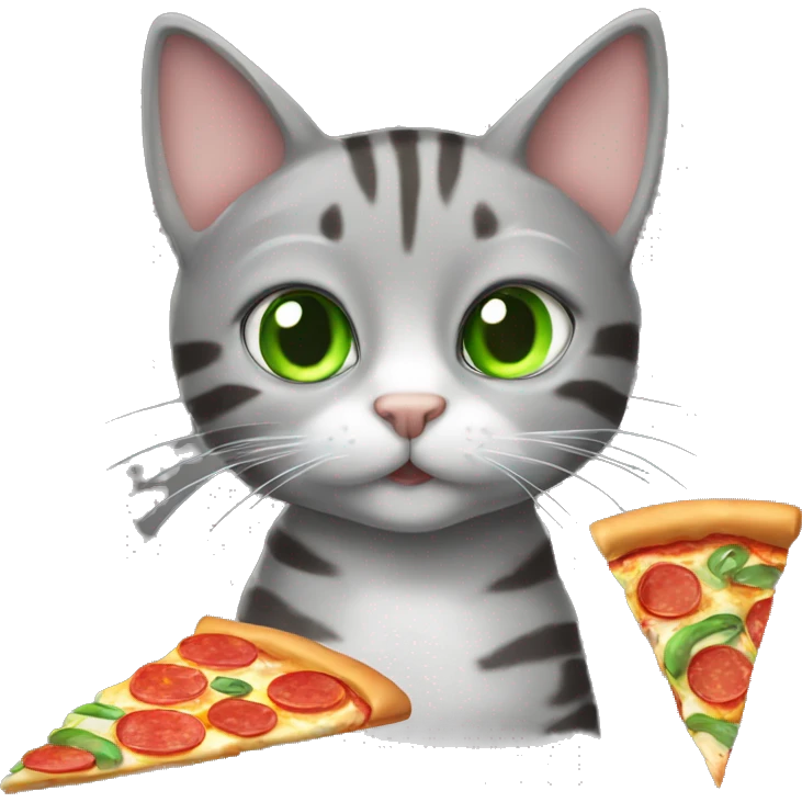 Gray tabby cat with green eyes eating a slice of pizza emoji