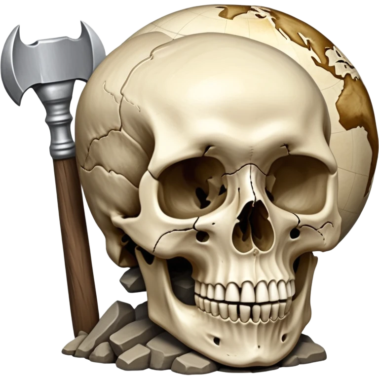 An icon featuring a human skull and fossilized bones, symbolizing the study of anthropology. The design includes archaeological tools like a pickaxe and brush, with a background of ancient artifacts and a globe. Transparent background emphasizes the exploration of human history and evolution. emoji