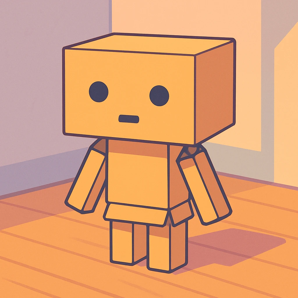 small cardboard robot named Danbo standing alone in the middle of a softly lit room, square head with two round black eyes and a small rectangular mouth, body made of folded cardboard panels, jointed arms and legs, cartoonish style with clean lines and pastel colors, warm wooden flooring, soft shadows, cozy and nostalgic atmosphere emoji