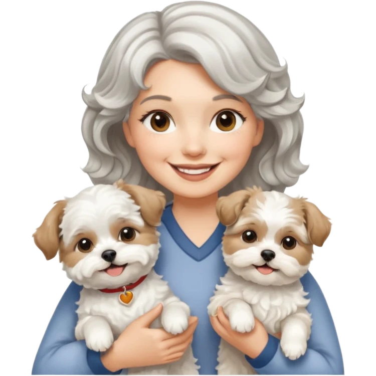silver, short, wavy-haired with loose curls, smiling pretty lady holding a white terrier and a white/tan shih tzu dog emoji