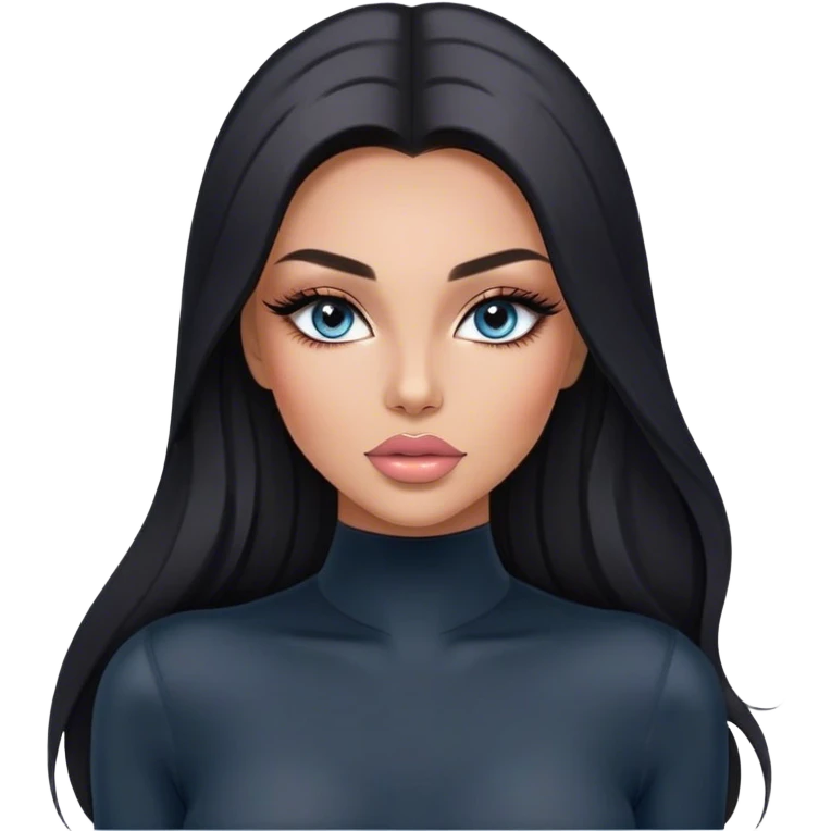 Glamours, tanned, very beautiful girl, with big pump peach-beige-rose lips, long long lashes, black straight smooth silky long hair, straight parting hair, blue-grey eyes in black long-sleeves bodysuit emoji