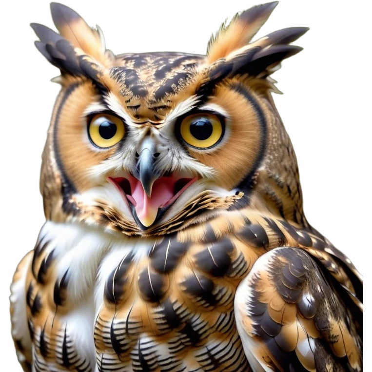 Cinematic Cute Yawning Great Horned Owl Portrait Emoji, Head tilted slightly with a dramatic, wide-open yawn, showcasing a soft, downy mottled plumage with gently drooping feathers, round golden eyes barely open in drowsy contentment, Simplified yet irresistibly adorable features, highly detailed, glowing with a soft, cozy glow, high shine, relaxed yet expressive, stylized with a touch of nocturnal whimsy, bright and endearing, soft glowing outline, capturing the essence of a sleepy yet affectionate owl, so drowsy it feels like it could glide out of the screen and curl up for a nap! emoji