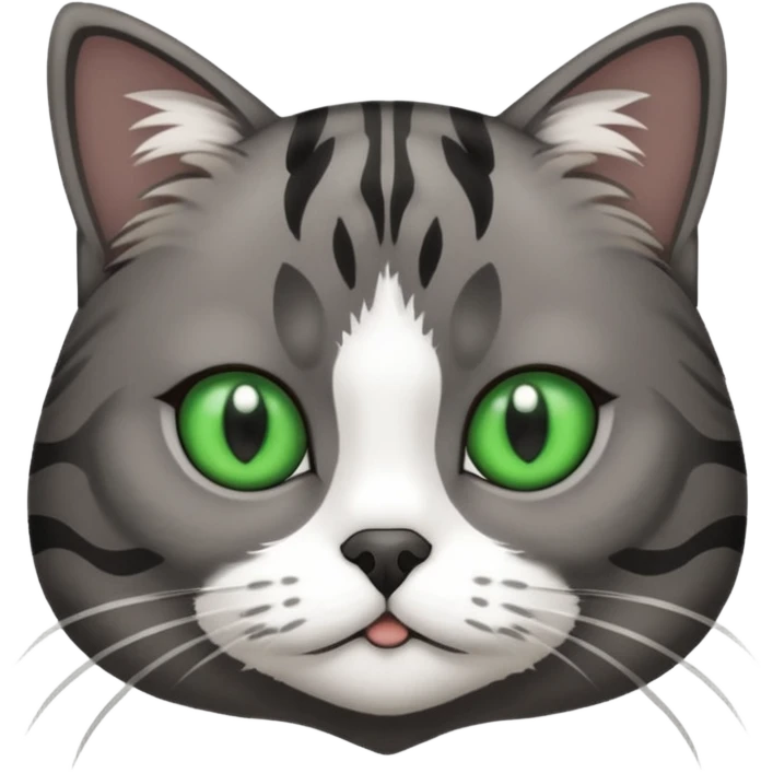 A dark gray tabby cat with green eyes with a black and white shitzu emoji