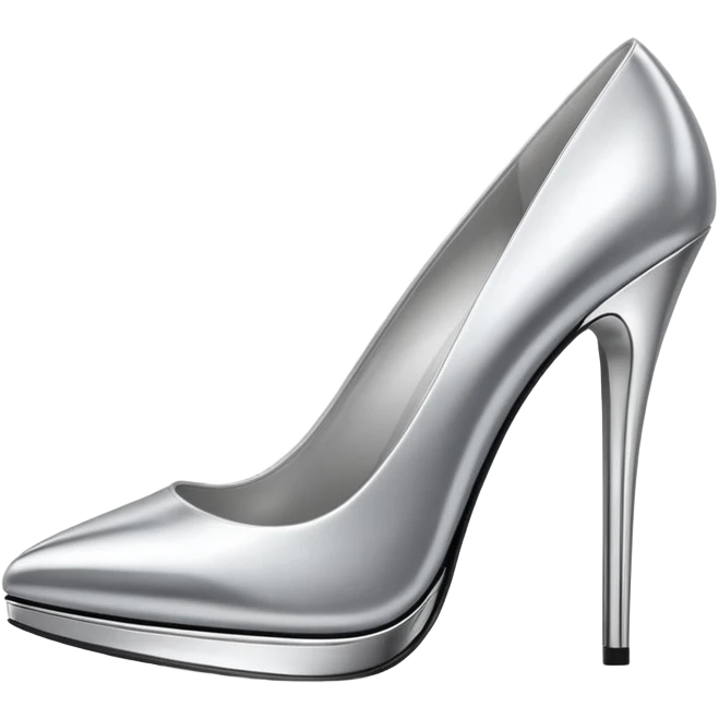 A pair of high heel shoes emoji made of polished silver chrome, elegant sharp silhouette, smooth metallic surface, glossy reflections, luxury sexy vibe, minimalistic iOS emoji style, centered, clean white background emoji