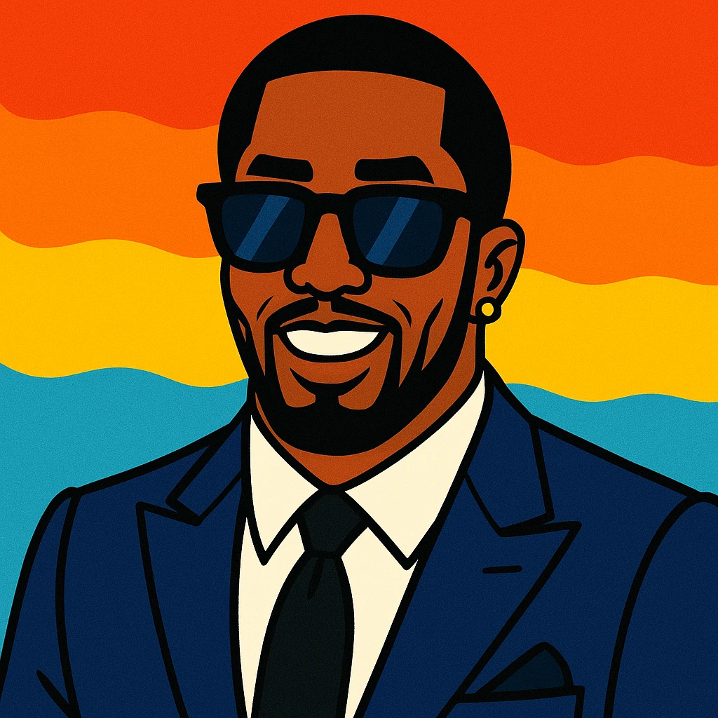 P Diddy in a stylish suit with sunglasses, vibrant cartoon style emoji