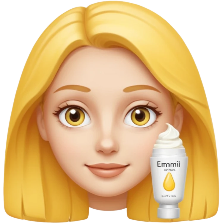 Create a high-quality iPhone-style emoji of a white girl face, with a small amount of yellow eye cream clearly applied under both eyes, realistic shading, smooth gradient colors, rounded and cute 3D cartoon style, subtle smiling expression, simple white b emoji