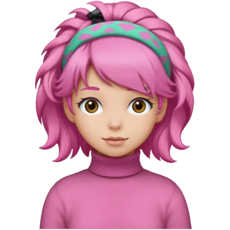 brown fluffy haired girl with pink turtleneck sweater and pink hair band emoji
