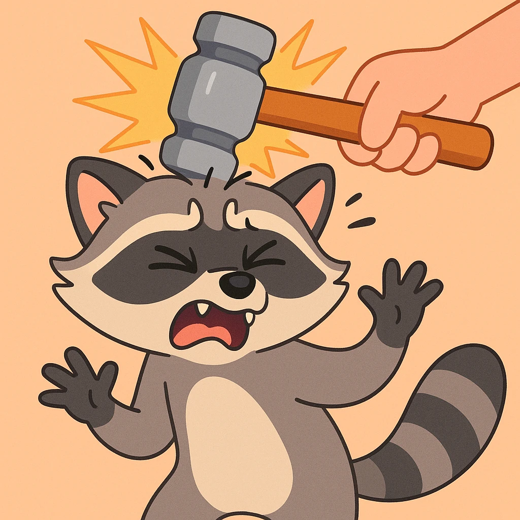 Rascal the raccoon being hit by a hammer, exaggerated comic style emoji