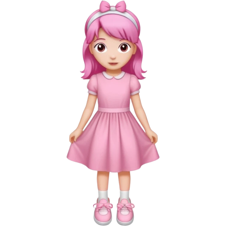 A girl wear a a pink pink dress and pink wacth and a pink hairband and a white shoes emoji