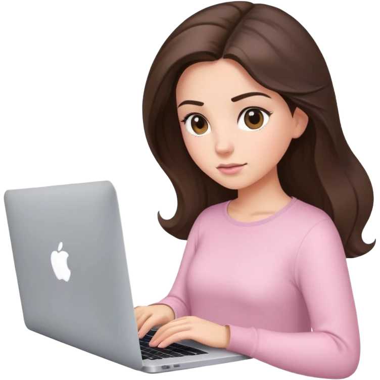 Brunette pretty girl, blowout hair, working on macbook, light pink top emoji