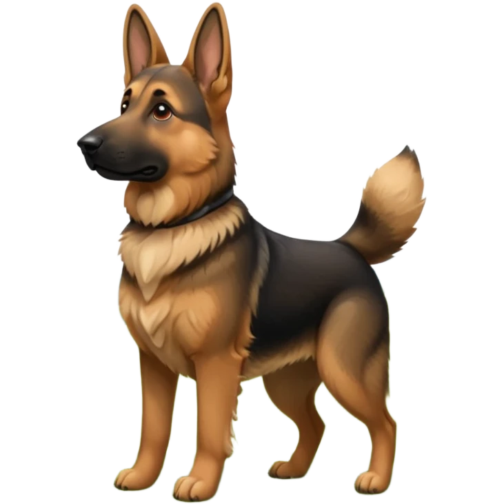 A German Shepherd standing alert on a grassy hill, looking into the distance with its ears perked. Realistic outdoor lighting, strong and intelligent expression, professional pet photography. emoji