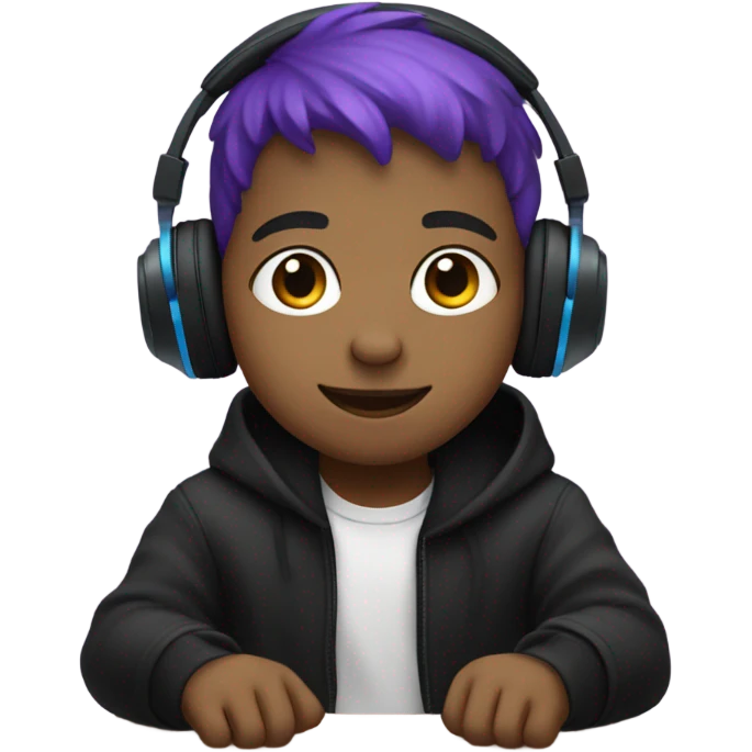 a boy sitting on a bench under a dim light in the park wearing headphones with purple and blue hair and black clothes emoji