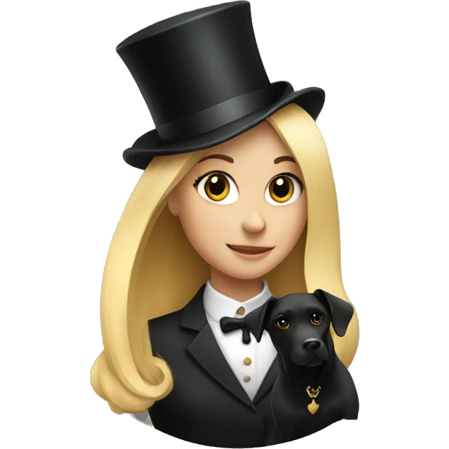 Blonde girl, black dog with a top hat emoji